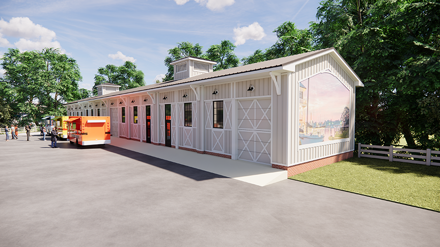 Food trucks in front of a building